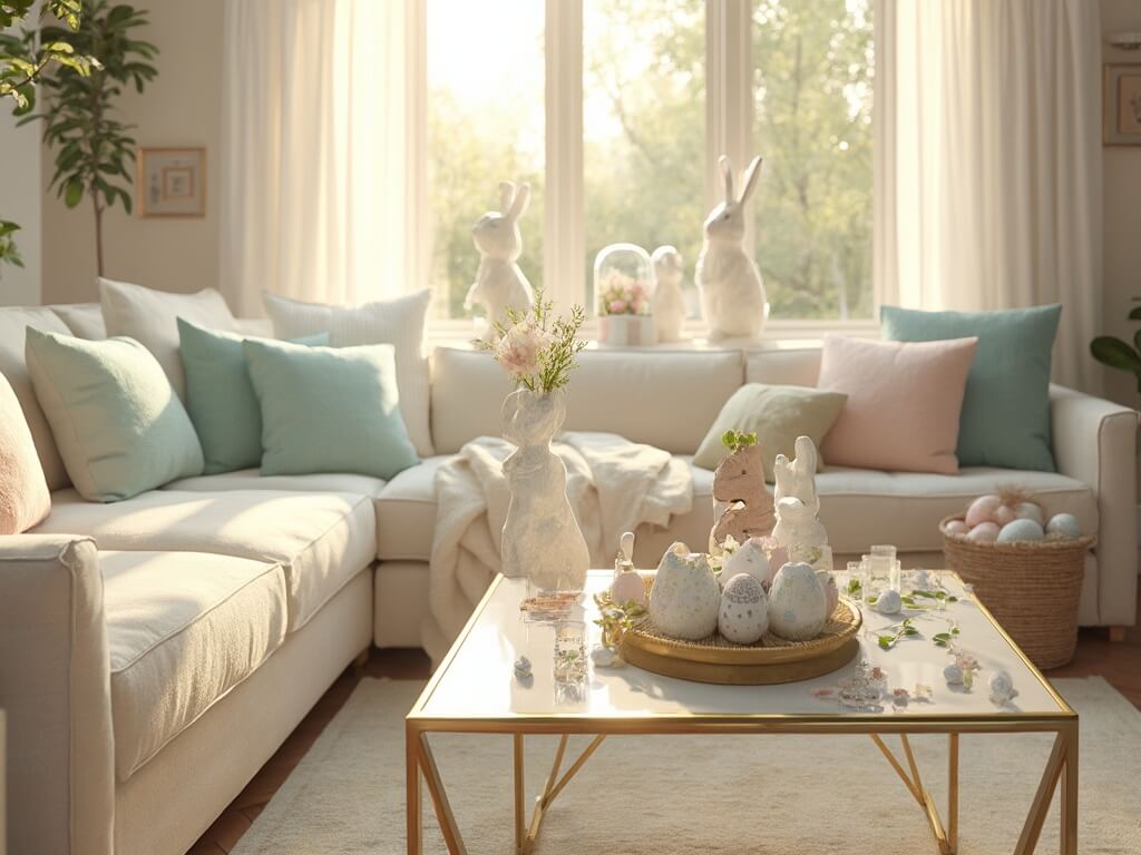 "Elegant living room bathed in golden hour sunlight, decorated with sophisticated Easter décor including ceramic bunnies, pastel eggs, and fresh spring flowers."