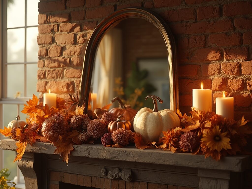 "Traditional brick fireplace with autumn decor, antique mirror, and warm candlelight during golden hour"