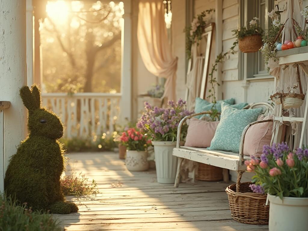 "Easter decorated farmhouse porch at golden hour featuring moss-covered bunny statue, planters with spring flowers, vintage swing with pastel pillows, and Easter baskets on a cream ladder."