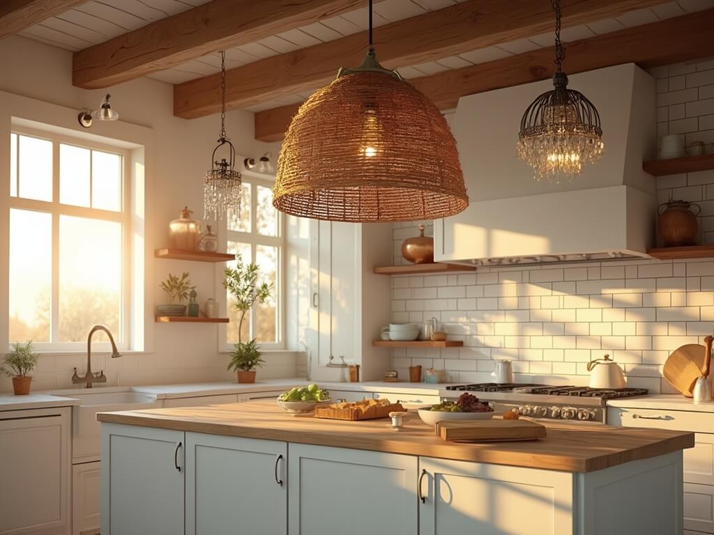 "Warm-toned farmhouse kitchen with rattan pendant light, galvanized sconces, and crystal chandelier at golden hour."