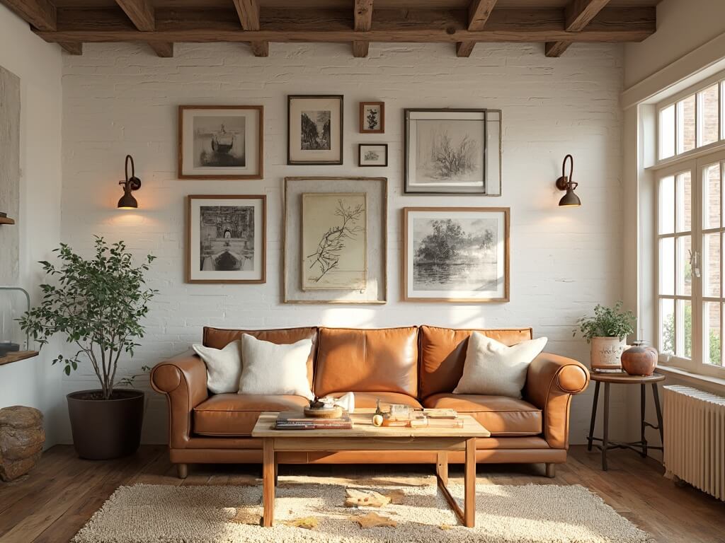 "Sunlit farmhouse living room with vintage decor, antique furniture, white shiplap walls and exposed wooden beams"