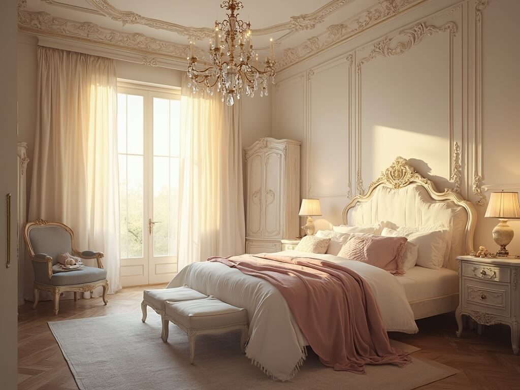 "Luxurious French Provincial bedroom bathed in golden hour sunlight with ornate cream bed, crystal chandelier, and antique furniture"