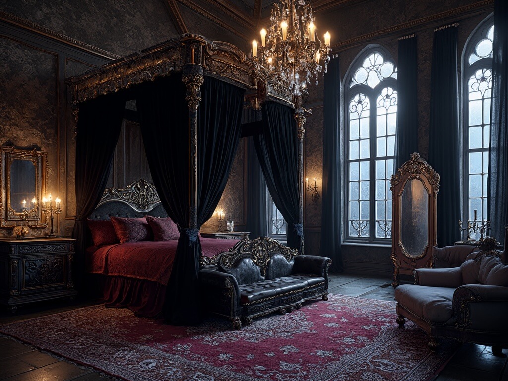 "Gothic master bedroom with moonlit four-poster bed, antique vanity, brass chandelier, and luxurious decor during twilight"