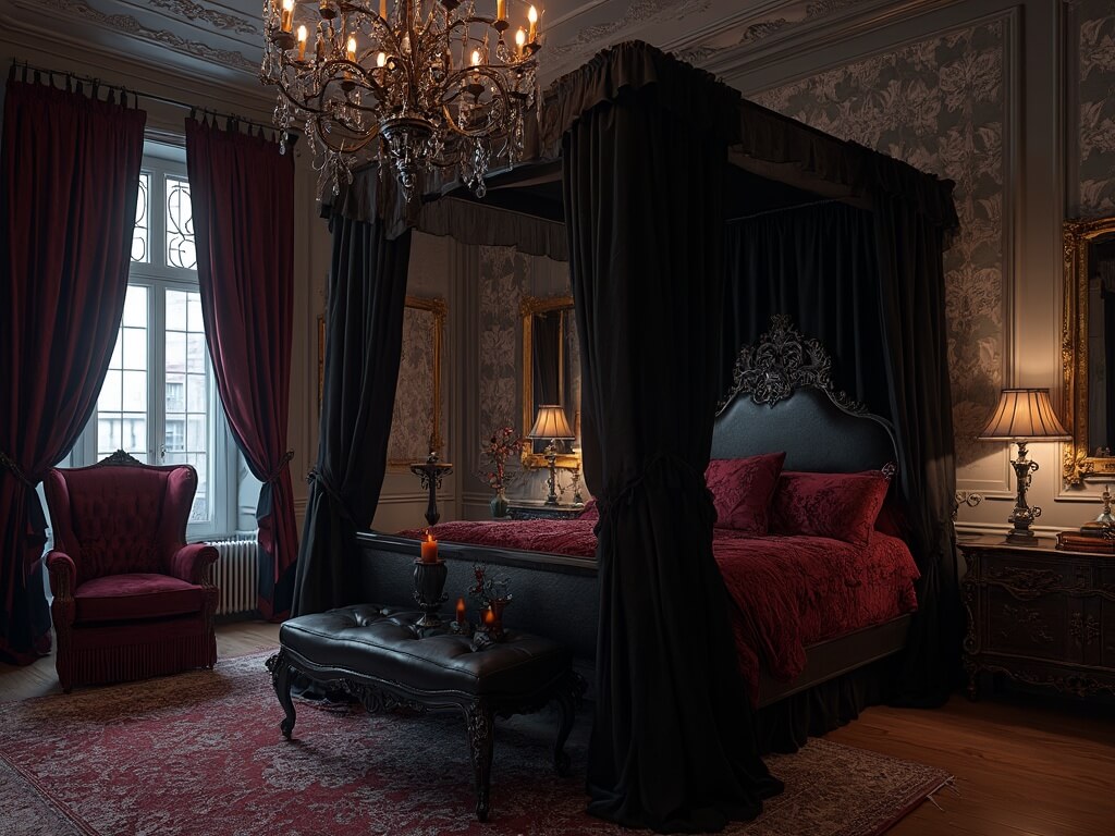 "Gothic-style luxury bedroom at twilight with ebony four-poster bed, burgundy curtains, antique mirrors and Victorian armchair"