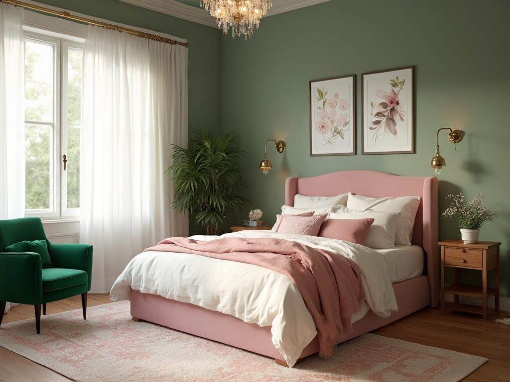 "Contemporary bedroom with sage green walls, a blush pink velvet headboard, a monstera plant, and morning sunlight filtering through sheer white curtains"