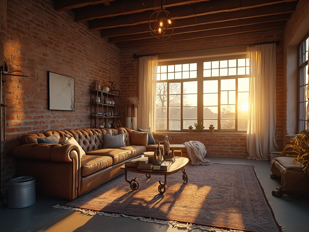 "Industrial farmhouse living room with high ceilings, exposed beams and brick walls, illuminated by golden hour sunlight streaming through black metal windows"