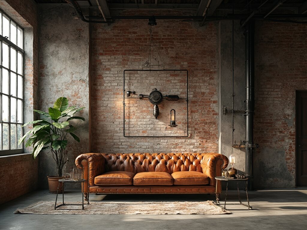 "Dramatic sunlight illuminated industrial chic loft living space with Chesterfield sofa, exposed brick walls, concrete floors, steel beams, and vintage machinery wall art."