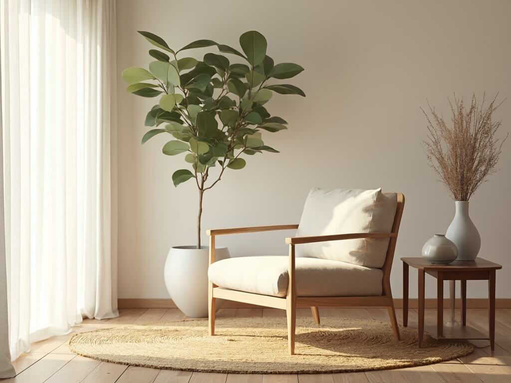 "Japandi accent chair in a serene living room corner with morning light, a fiddle leaf fig tree in the background and a ceramic vase on a walnut side table."