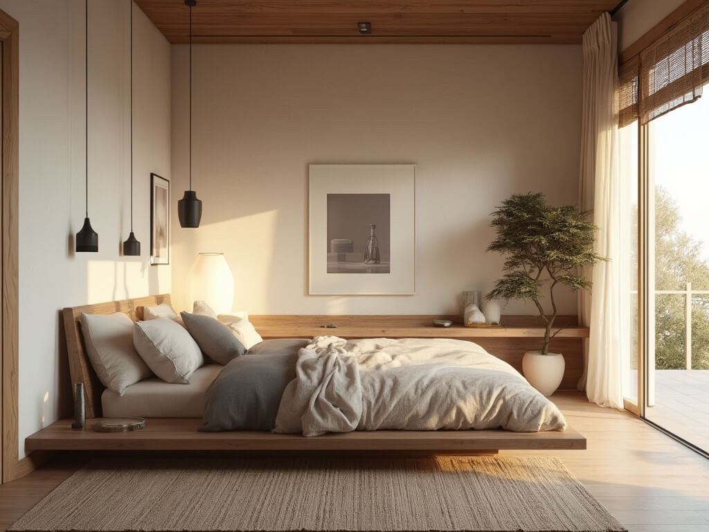 "Serene Japandi-style bedroom with minimalist decor, walnut platform bed with gray and ivory linens, bamboo blinds, black pendant lights, paper lantern, wall art, and floating shelves with ceramics and plants."
