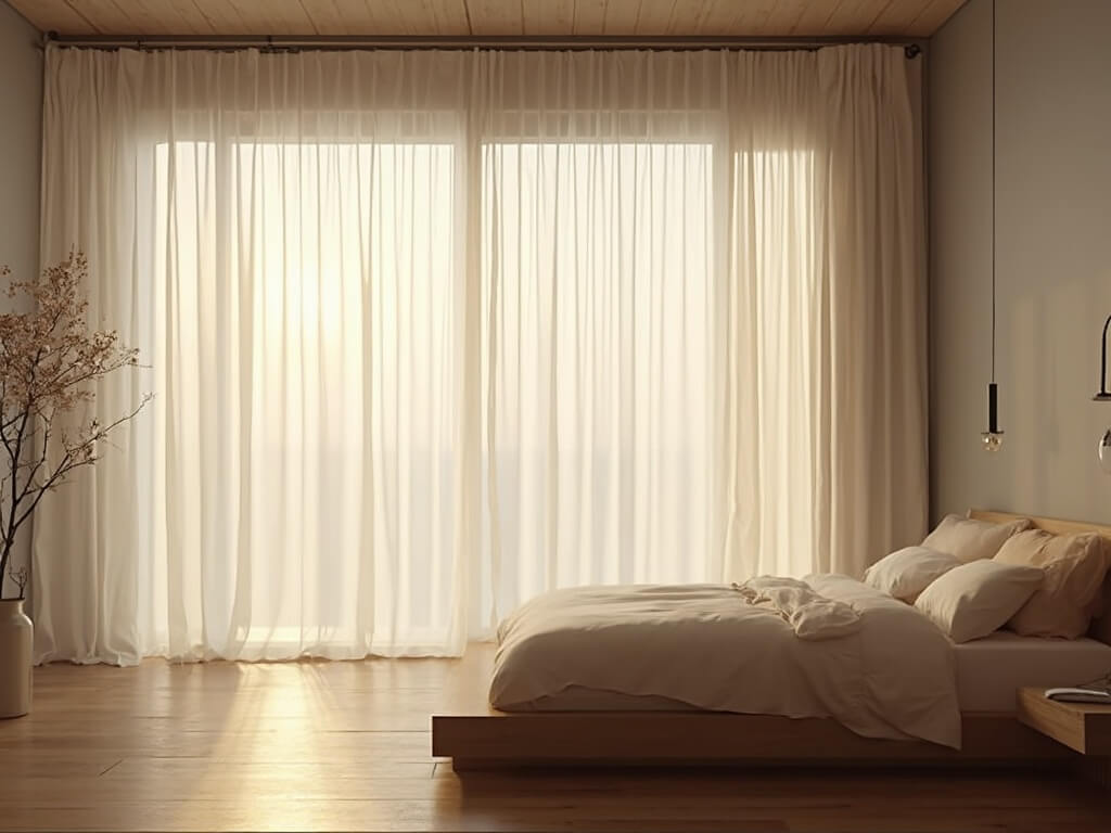 "Minimalist Japandi-style bedroom with morning sunlight filtering through white linen curtains, highlighting a low-profile oak platform bed and natural bamboo flooring."