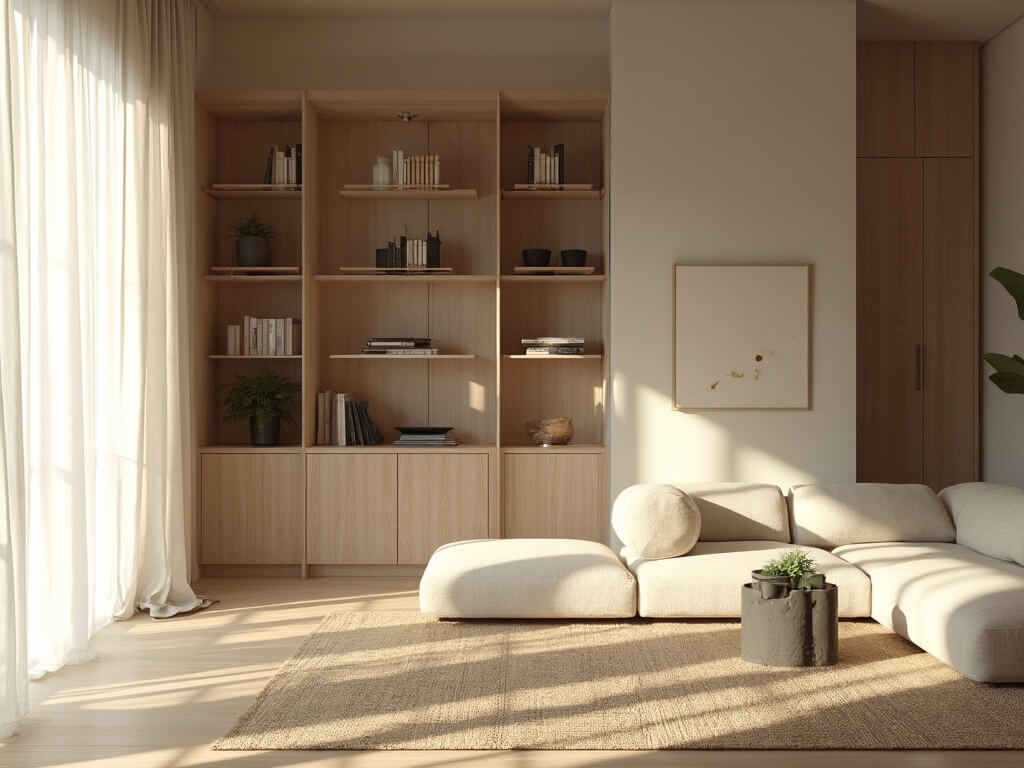 "Japandi-style living room with floor-to-ceiling oak bookshelf, beige linen sofa, greige wool rug, and minimalist decor, shot in natural daylight."
