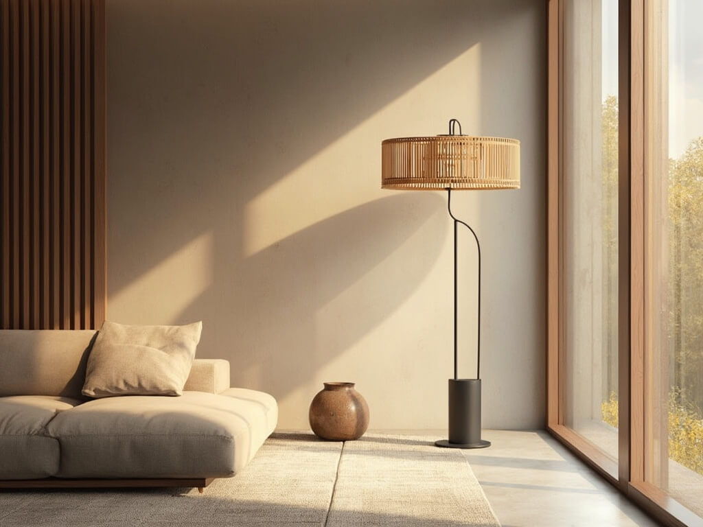 "Japandi-style minimalist living room with sculptural floor lamp, oak furniture, and ceramics in earthy tones, bathed in golden hour lighting"