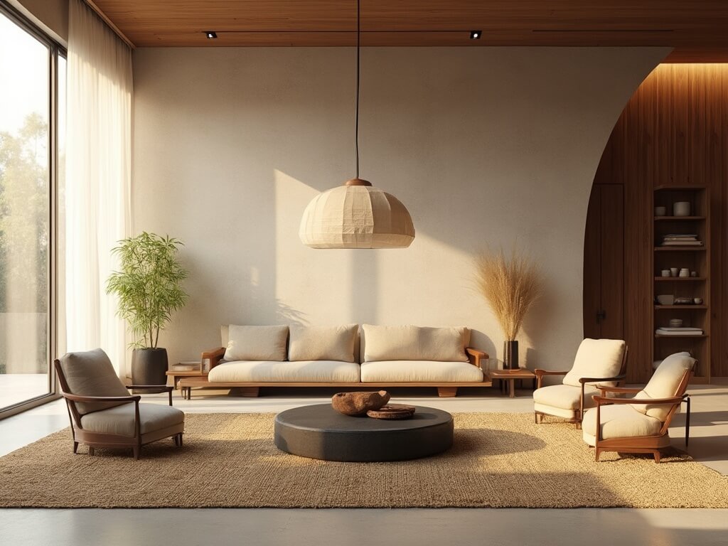 "Sunlit minimalist Japandi-style living room with low-profile furniture, natural elements, and earth-toned ceramics, emphasizing negative space and clean lines"