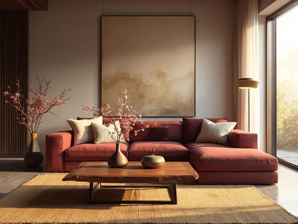 Japandi-style living room with burgundy sofa, walnut coffee table, floor-to-ceiling windows in golden sunlight, minimalist ikebana arrangement, and textured cream pillows.