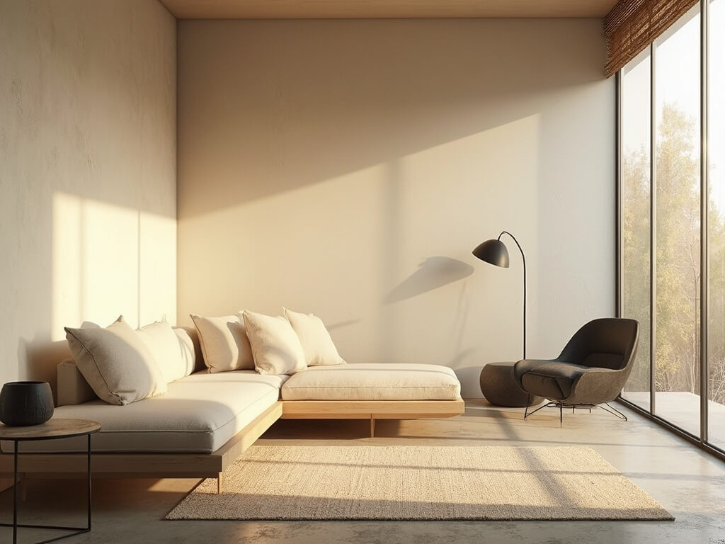 "Minimalist Japandi-style living room with natural light, featuring oak platform sofa, charcoal accent chair, and bamboo blinds"