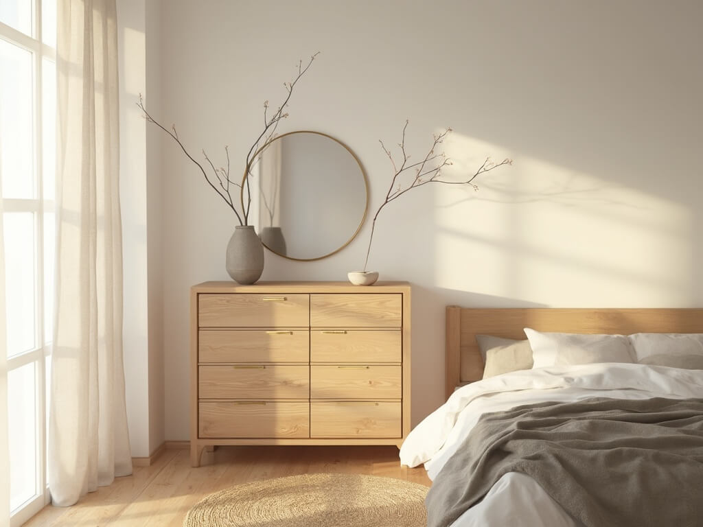 "Minimalist Japandi-style bedroom with 6-drawer oak dresser, brass-framed mirror, ikebana vase, and concrete dish in soft morning light"
