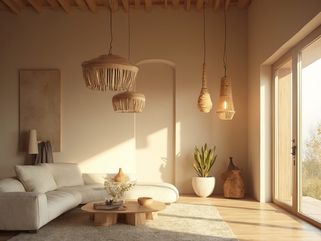 "Japandi-style living room with wooden pendant lighting, minimal furnishings, and warm neutral tones during golden hour"