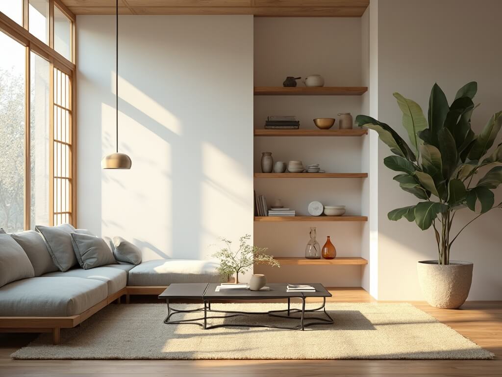 "Serene Japandi-style living room with natural light, oak platform sofa, matte black coffee table, wooden shelves displaying earth-toned ceramics, and a large monstera plant."