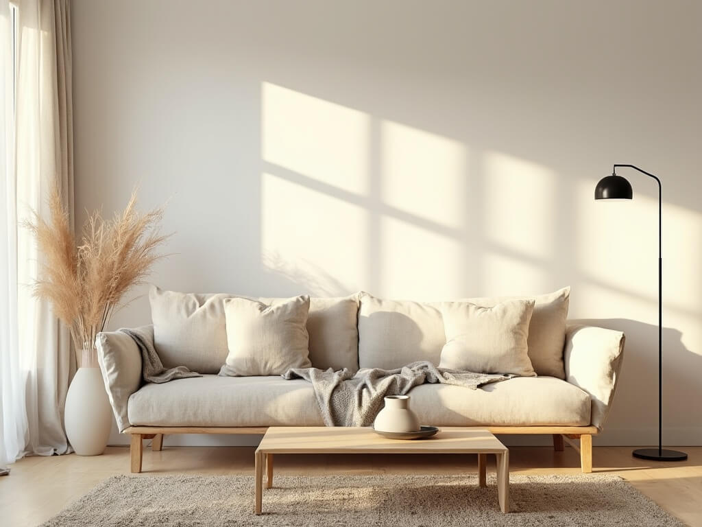 "Minimalist Japandi living room with oatmeal linen sofa, blonde wood coffee table and natural light streaming through sheer linen curtains, shot during golden hour"