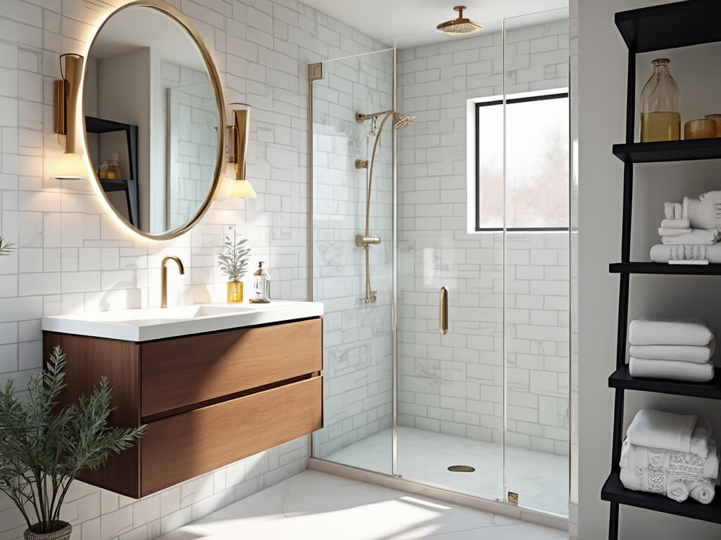 "Elegant compact bathroom with white subway tiles, floating walnut vanity, oversized circular mirror, glass shower enclosure, and minimalistic accessories"