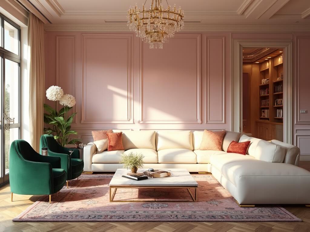"Luxurious pink living room interior with cream leather sofa, emerald chairs, marble coffee table, Persian rug, crystal chandelier, and architectural design details"