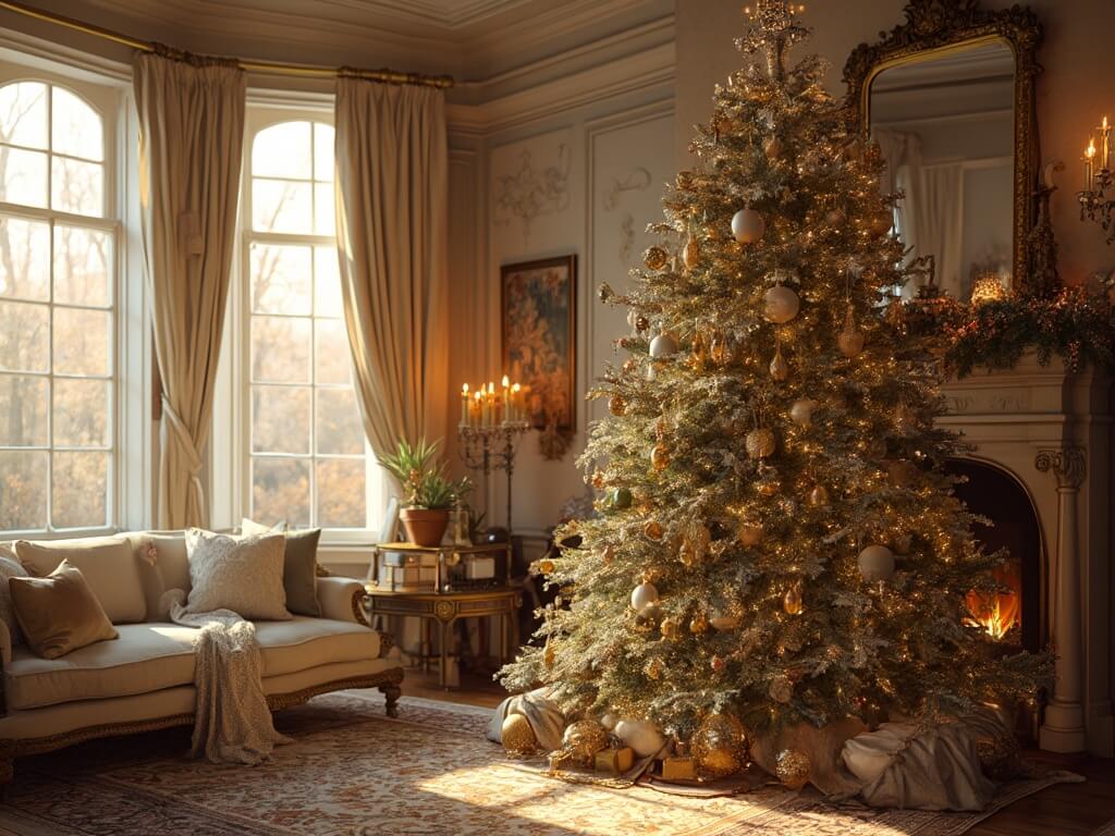 "Luxurious Christmas tree with vintage ornaments in a grand living room lit by golden hour sunlight"
