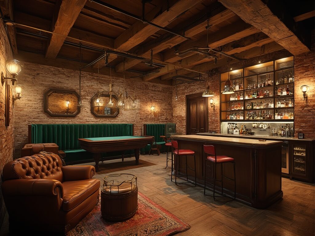 "Luxury basement bar with exposed brick walls, walnut bar, Chesterfield seating area, and wine display in warm wood and green color palette"