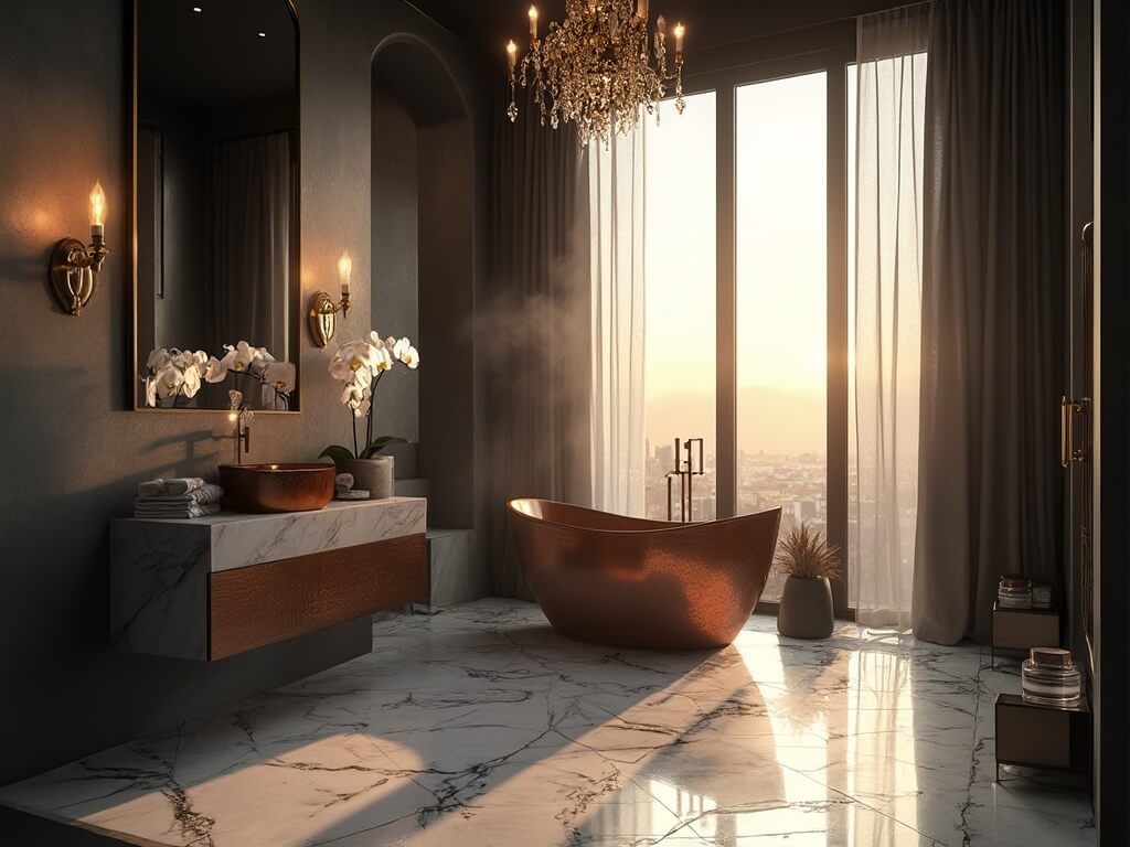 "Luxurious bathroom with copper tub, charcoal walls, Carrara marble floor, and brass fixtures, bathed in golden hour sunlight"