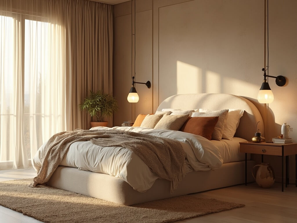 "Luxurious beige bedroom with king-size bed, taupe Venetian plaster walls, brass sconces, and floor-to-ceiling drapes during golden hour"