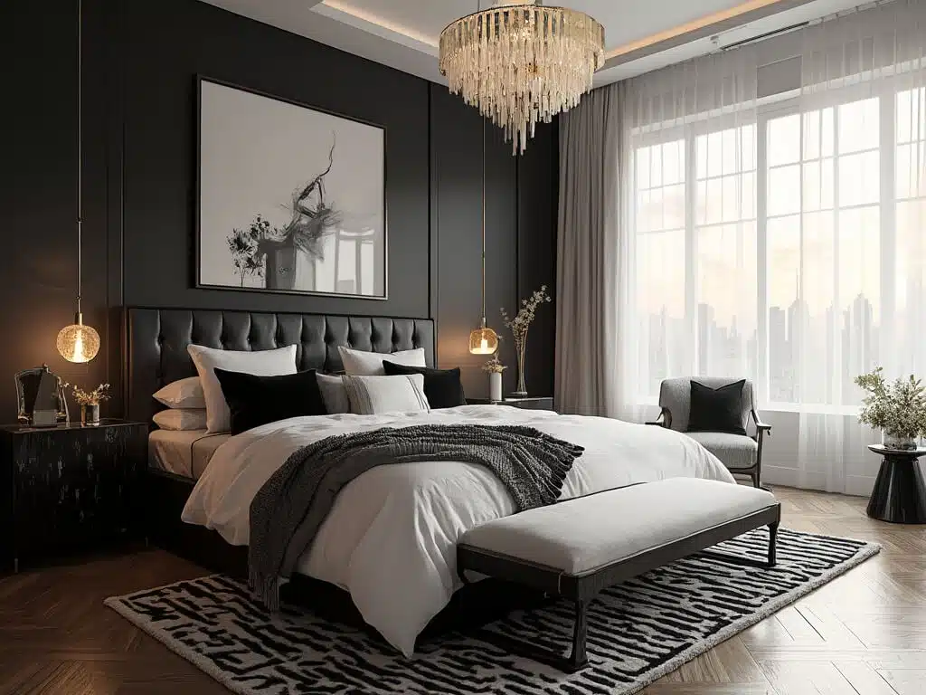 "Luxury bedroom with black and white theme, gold accents, and warm natural lighting during golden hour"