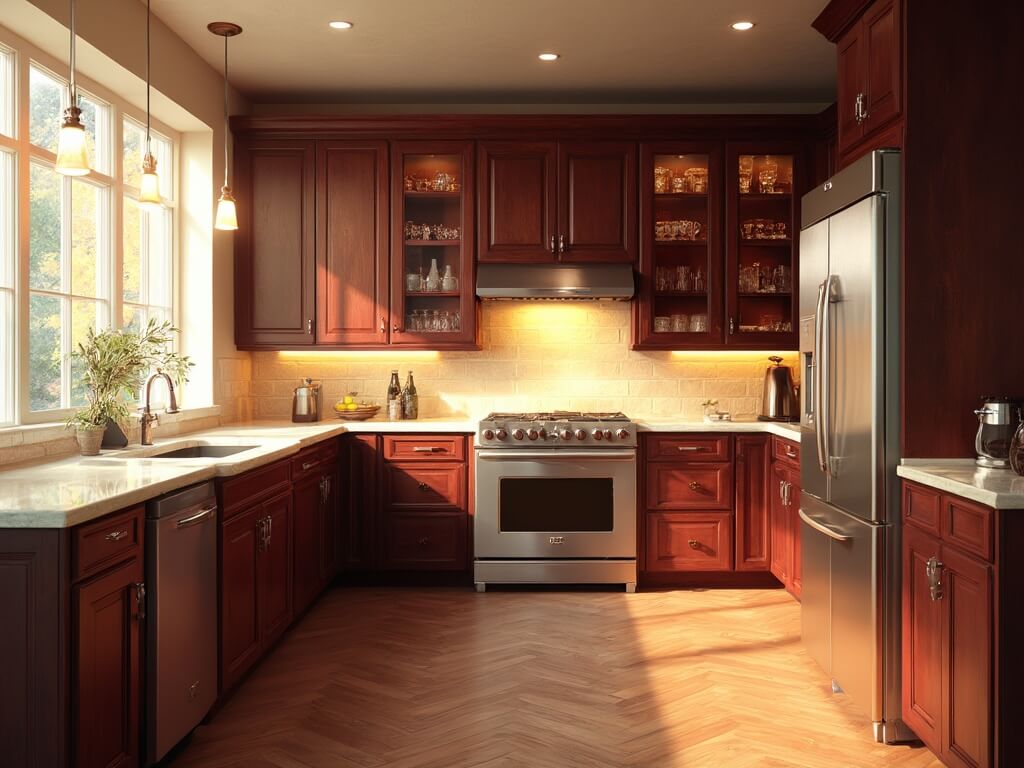 "Sunlit luxury kitchen with cherry wood cabinets, cream quartz countertops, bronze pendant lights, herringbone hardwood floors, stainless steel appliances, and glass-front upper cabinets showcasing crystal stemware"