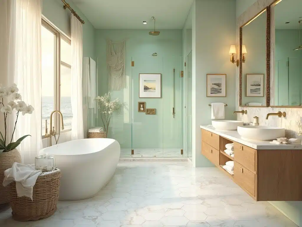 "Luxury coastal bathroom with freestanding tub, marble flooring, double oak vanity, and walk-in rainfall shower, bathed in natural golden hour light"