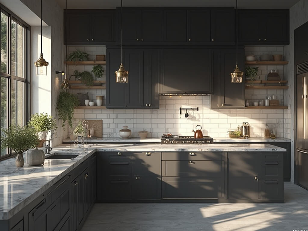 "Luxury dark grey kitchen with marble countertops, stainless steel appliances, and natural light streaming through floor-to-ceiling windows"