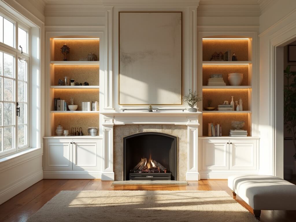 "Luxurious traditional living room with white built-in shelves, stone fireplace, warm oak floors, and illuminated glass-front cabinets, bathed in golden hour light through tall windows."