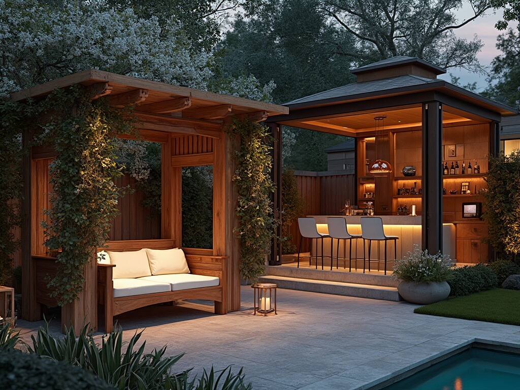 "Luxury garden gazebos compilation at golden hour, featuring a cedar swing gazebo with ivory cushions and wisteria, a modern bar gazebo with LED lights and glass panels, and spa gazebo with infinity hot tub and mood lighting. Landscaping includes jasmine vines and ornamental grasses."