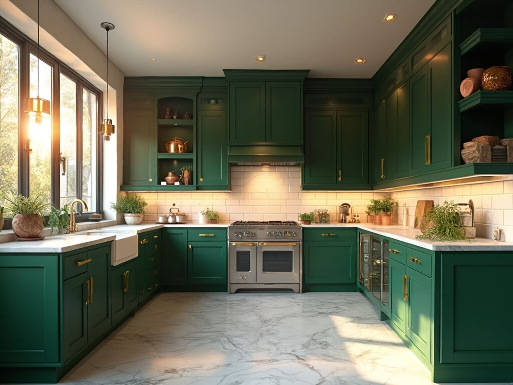 "Luxurious dark green kitchen interior with Carrara marble island, white upper cabinets, stainless steel appliances, and sunlit ambience"