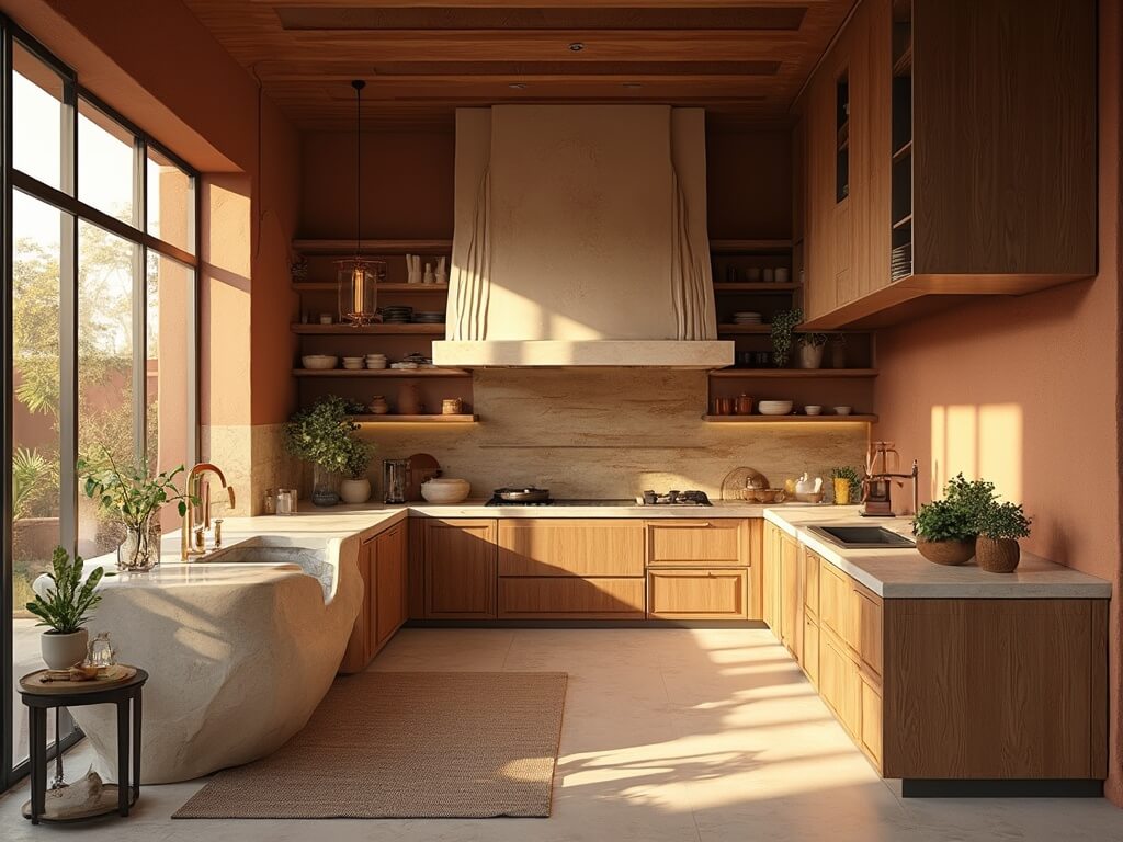 "Modern kitchen with walnut cabinets, limestone island, and large windows providing natural light"