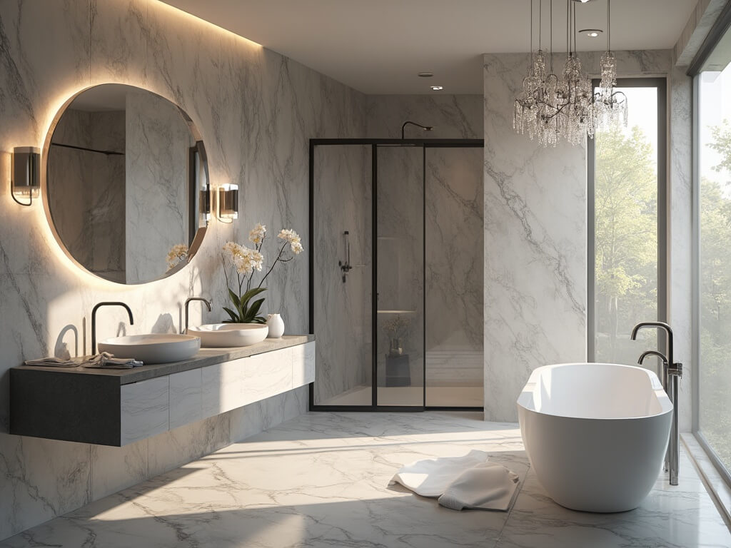 "Luxurious grey marble bathroom with a freestanding tub, double vanity, and industrial glass shower under cinematic golden hour lighting"