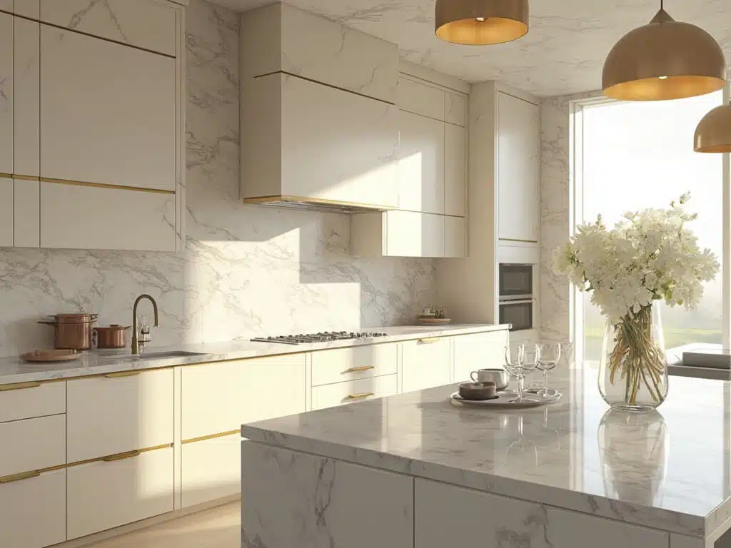 "Luxury modern kitchen with Calacatta marble countertop, brass hardware, and morning sunlight"
