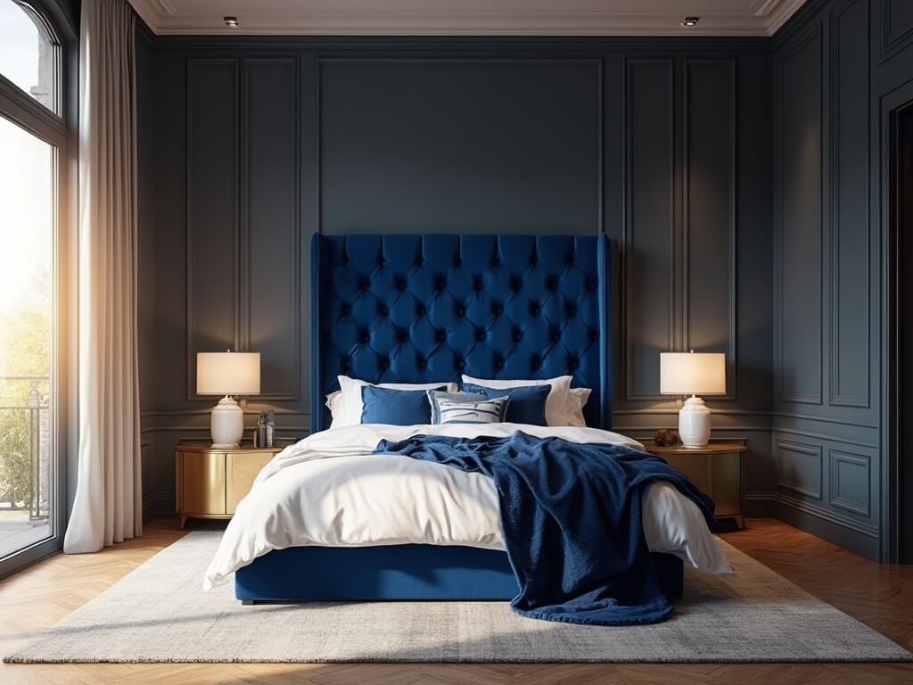 "Luxurious master bedroom with royal blue velvet headboard and golden morning light streaming through floor-to-ceiling windows"