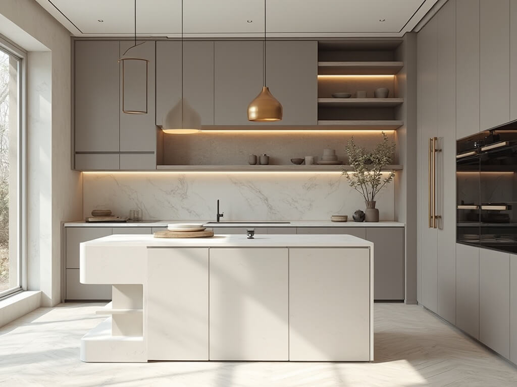 "Contemporary luxury kitchen with minimalist design, featuring white quartz waterfall island, grey handleless cabinets, and marble backsplash in morning sunlight"