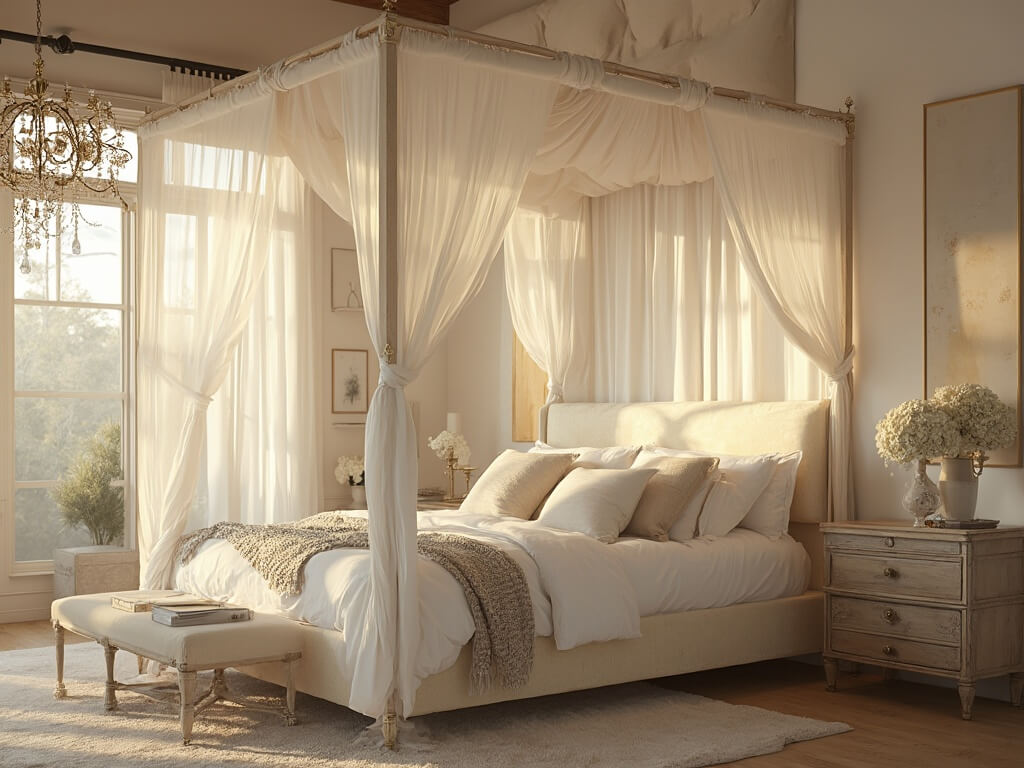 "Luxurious canopy bed in a spacious modern farmhouse-style master bedroom bathed in golden sunlight"