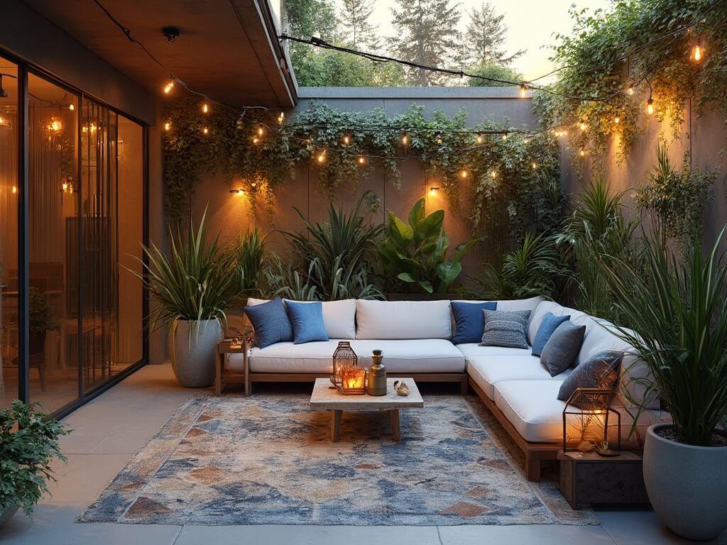"Luxurious outdoor patio at dusk featuring modern furniture, decorative lighting, and lush greenery"