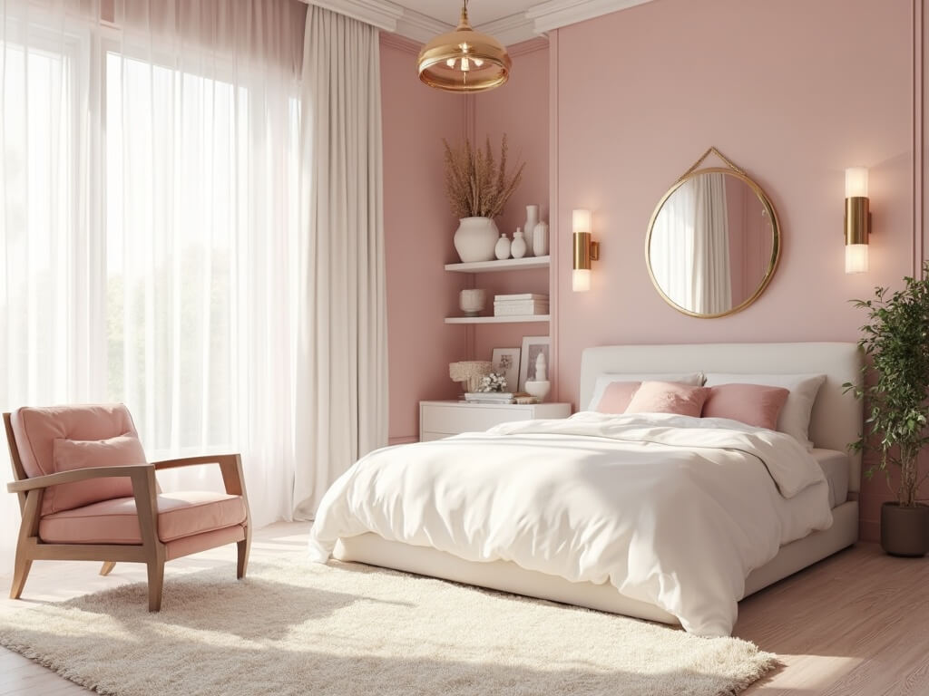 "Modern luxury pink bedroom with natural light, minimalist decor, and warm ambient lighting"