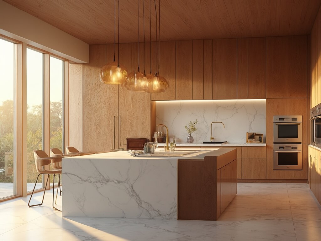 "Contemporary luxury kitchen with red oak cabinets and white quartz island during golden hour"