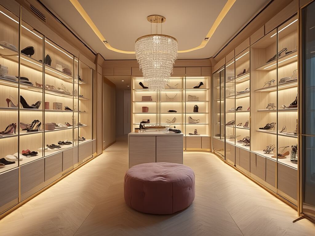 "Luxurious walk-in shoe closet with floor-to-ceiling white oak and glass shelving, LED illuminated display cases, and designer shoes on brass detailed floating shelves, under crystal chandelier's light against herringbone hardwood floors."