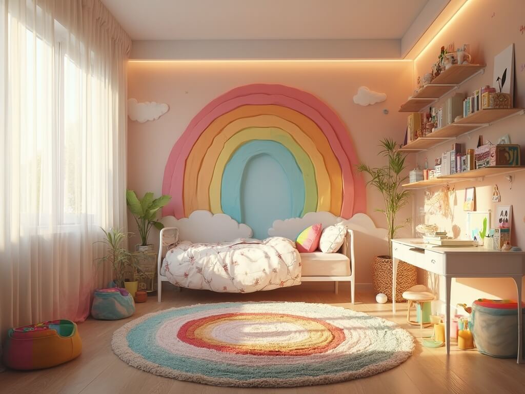 "Whimsical children's bedroom with rainbow mural, white twin bed with rainbow accents, and colorful contemporary furnishings at golden hour"
