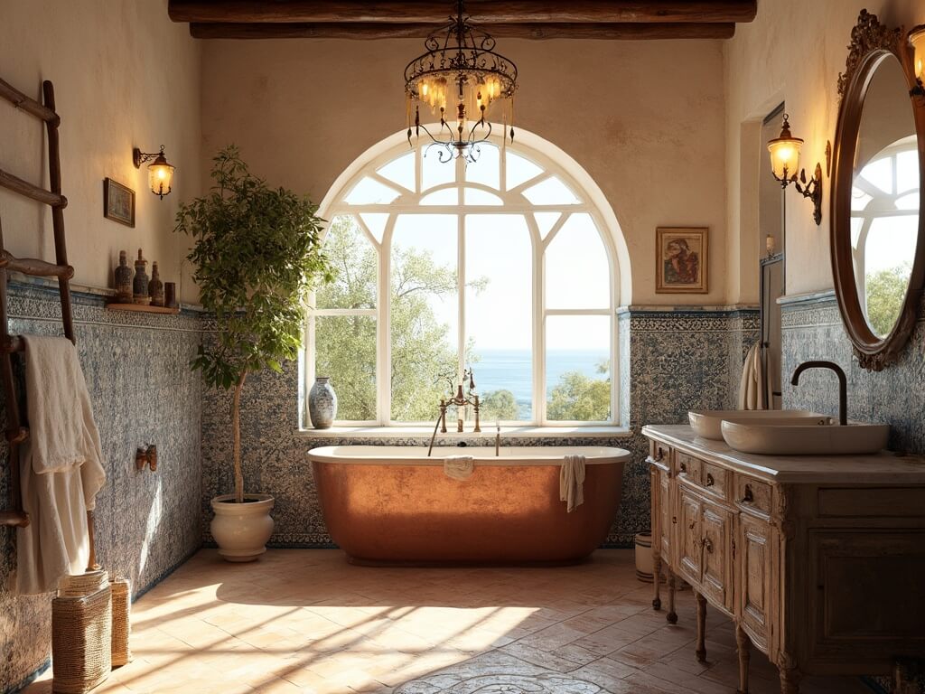"Mediterranean bathroom with morning sunlight, blue-and-white tiles, vintage copper tub, distressed wood vanity, limestone walls, and terracotta floor tiles"