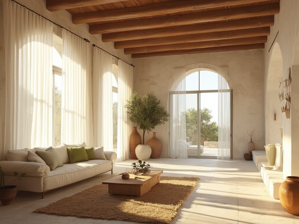 "Mediterranean-style living room with sunlit limestone walls, high wooden ceilings, plush cream sofa, and natural decor elements during golden hour"