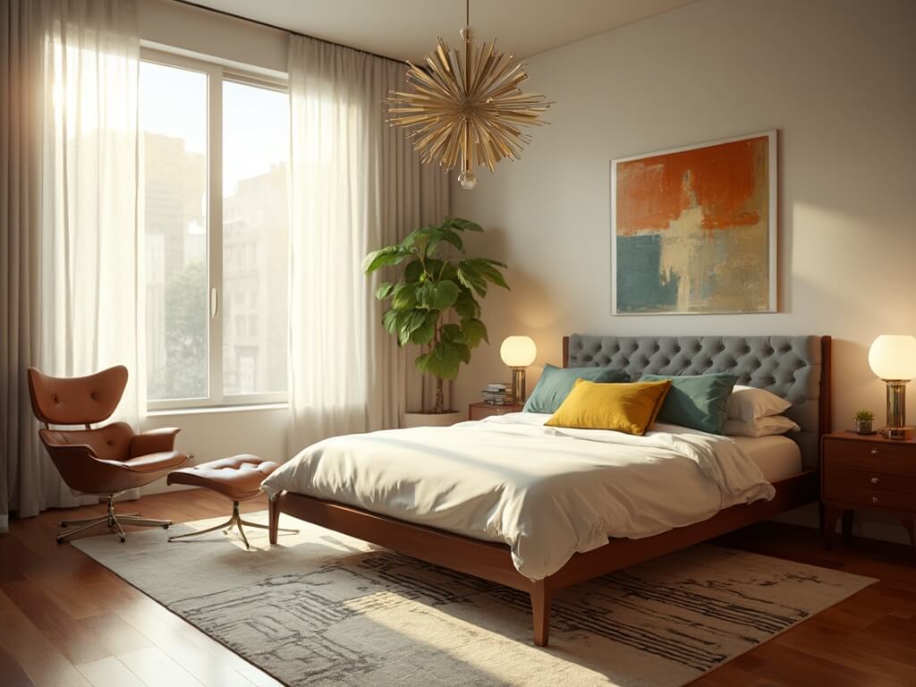 "Mid-century modern bedroom with walnut furniture, white linens, and golden sunlight streaming through large windows"